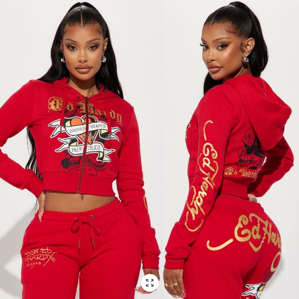 ⭐️ED HARDY RED ZIP UP HOODIE & SWEATPANTS SET NWT SZ S⭐️
